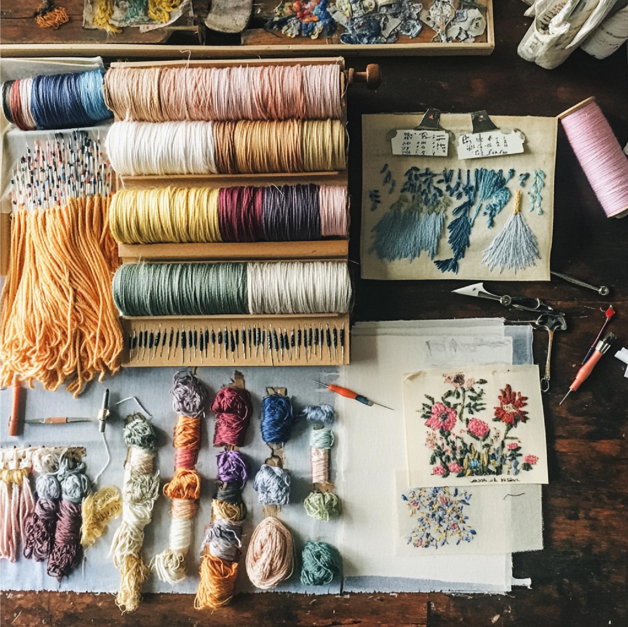 Laboratorio con fili colorati e campioni di ricamo
